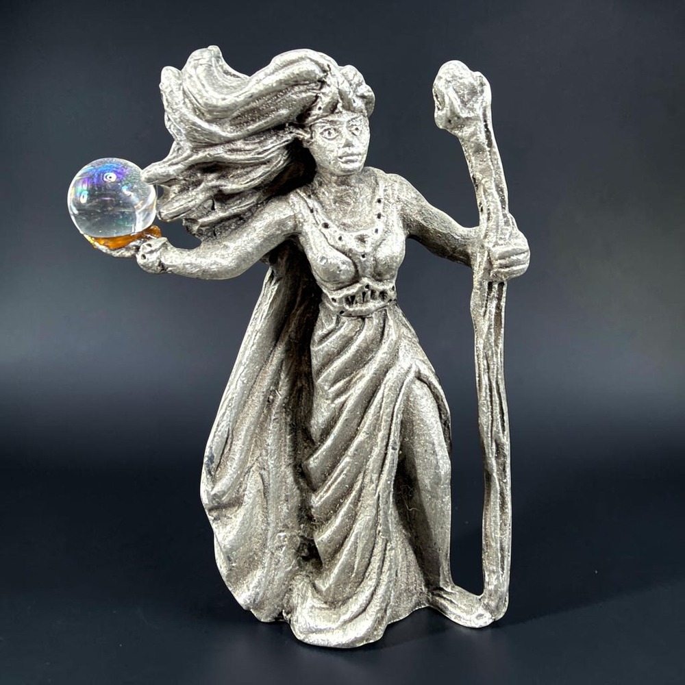 Vintage Saltec 1989 Pewter Sorceress Figurine with Crystal Ball and Staff 2inch
